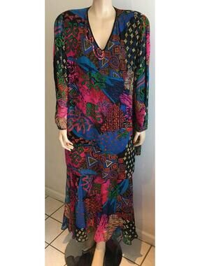 VTG Diane Freis 100% Silk Boho Top & Skirt Set Flowy Romantic Geometric sz M/L